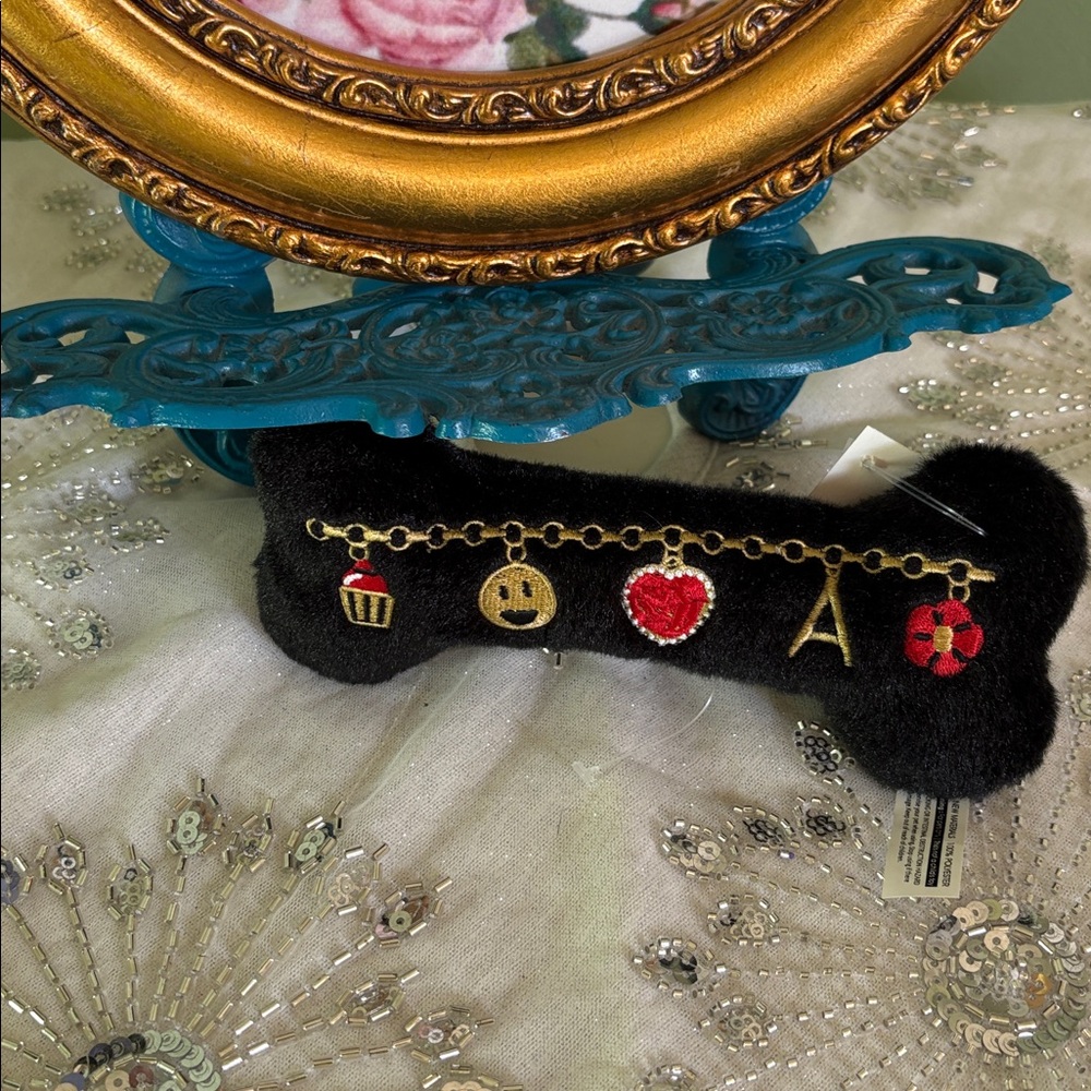 Black Bone-Shaped Dog Toy with Gold and Red Charms~ LV inspired Floragam